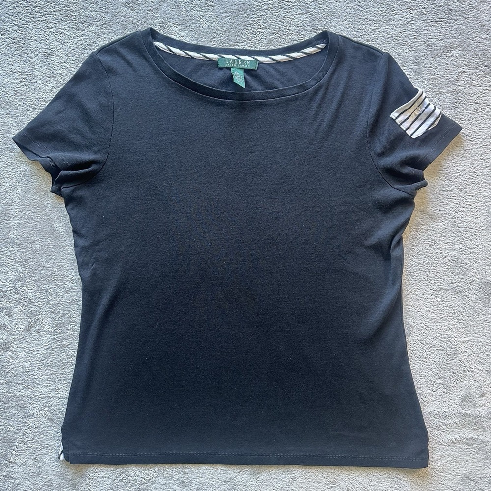 Lauren Ralph Lauren Black Scoop Neck Top L Classic Cotton Preppy Chic Minimalist